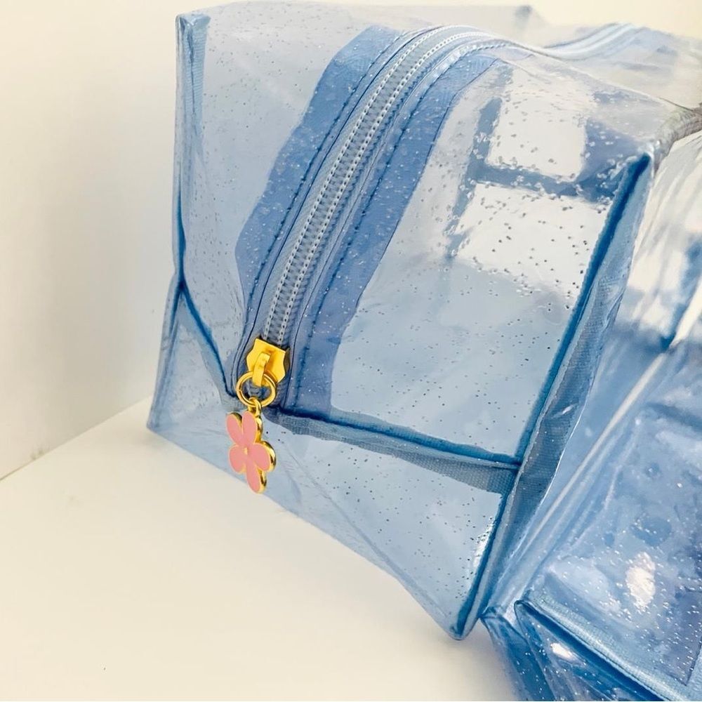 Blue Jelly Glitter Cosmetic Bag with Pink Flower Charm